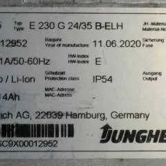 Jungheinrich 51413482 | build in charger model ELH2435 E230 G24/35 B-ELH 24V10A LI-ION SW Appl 51784249 SW BL 51579272 Sw V1.09 sn. SC9X00012952 from EJD115i year 2019